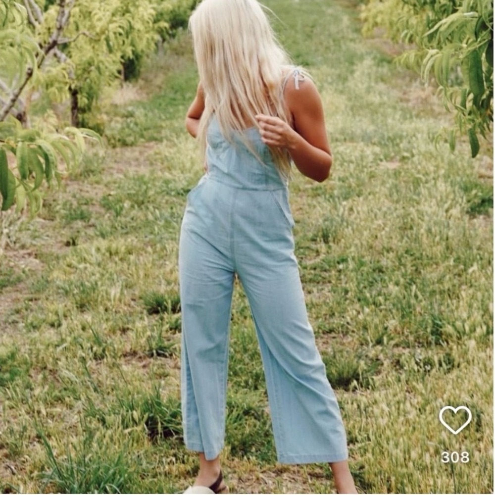 Le Lis Collection Denim Blue Jumpsuit Boho Light Wash Tie Shoulder Bustier S